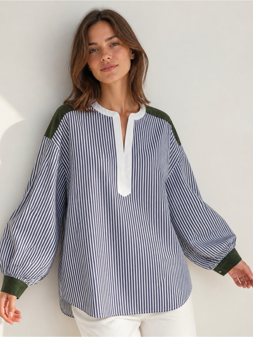 LOFT striped cotton blouse XL with voluminous sleeves and green accents - Picture 1 of 10